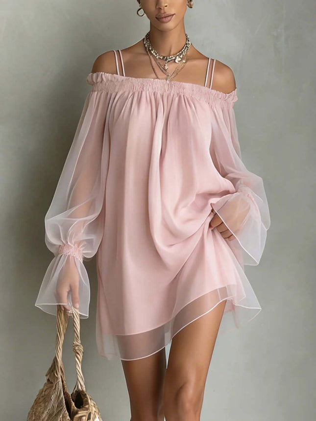 Double Strap Off Shoulder Fairy Mini Dress back view layout confirming professional clean stitched edge boundaries