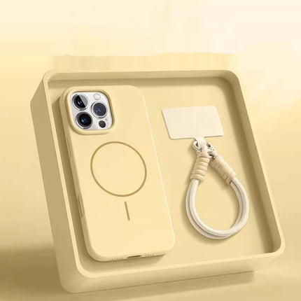 Drop-Proof Lanyard Magnetic Liquid Silicone Phone Case with keychain on a neutral background
