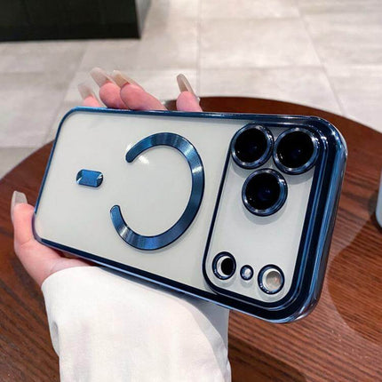 Electroplating MagSafe Phone Case for iPhone shown from the back, featuring a stylish design and camera cutouts.