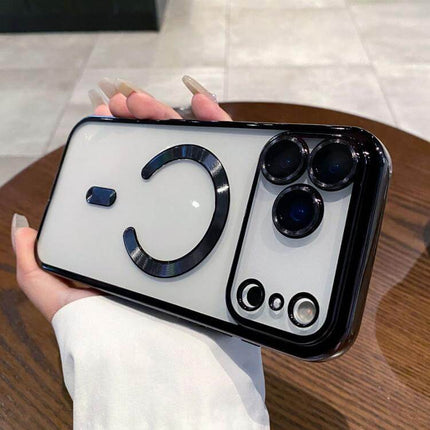 Electroplating MagSafe Phone Case for iPhone showcased in hand, highlighting unique design and camera cutouts.