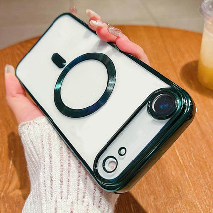 Electroplating MagSafe Phone Case for iPhone displayed on a wooden table, showcasing its sleek design and functionality.