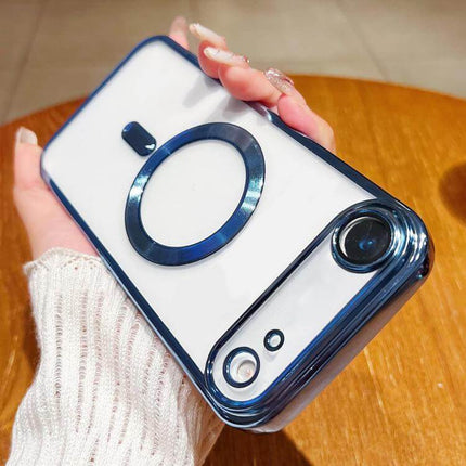 Electroplating MagSafe Phone Case for iPhone held in hand, showcasing sleek design and magnetic circle feature.