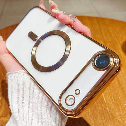 Electroplating MagSafe Phone Case for iPhone with glossy design and magnetic circle on the back.