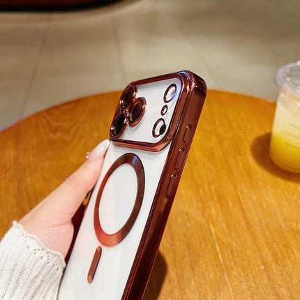 Electroplating MagSafe Phone Case for iPhone held in a hand against a wooden table background.