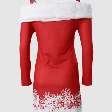 Elegant Christmas Print Mini Dress with Furry Straps off shoulder design