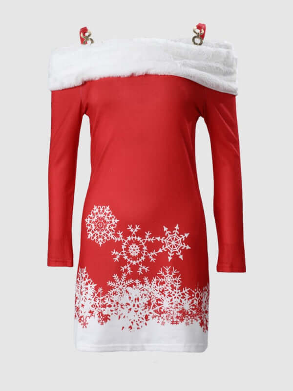 Elegant Christmas Print Dress – Furry Strap Flat Shoulder Mini Dress for Women with festive snowflake patterns.