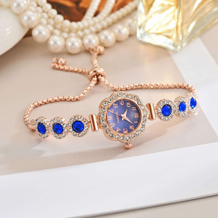 Color Diamond Pull Out Bracelet Watch for Women rose gold blue dial