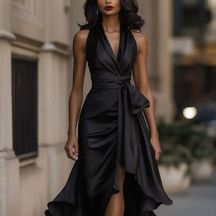 Elegant Deep V Neck Irregular Ruffled Evening Party Dress worn by a model in a chic urban setting.