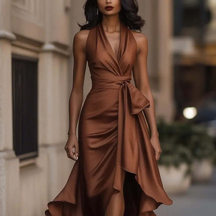 Elegant Deep V Neck Irregular Ruffled Evening Party Dress in rich brown fabric, featuring a flattering silhouette and ruffled hem.