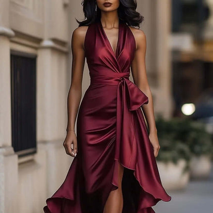 Elegant Deep V Neck Irregular Ruffled Evening Party Dress in burgundy, showcasing a stylish wrap and a flowing skirt.