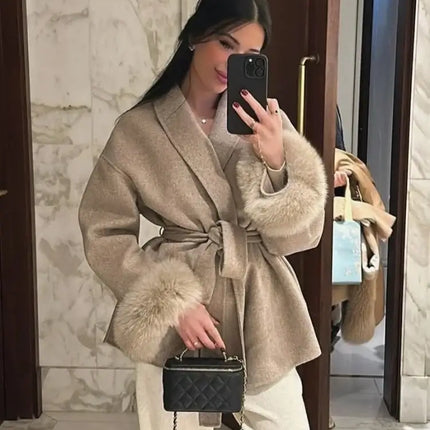 Elegant Lace Up Woolen Overcoat Women front view