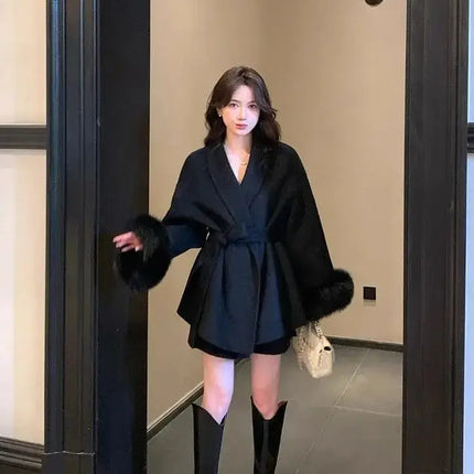 Elegant Lace Up Woolen Overcoat Women side profile