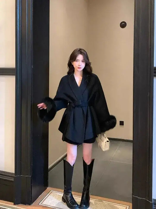 Elegant Lace Up Woolen Overcoat Women side profile