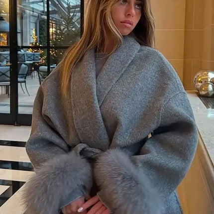 Elegant Lace Up Woolen Overcoat Women solid color outerwear