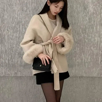 Elegant Lace Up Woolen Overcoat Women V neck design