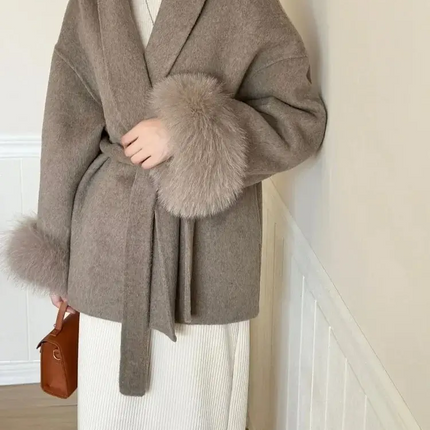 Elegant Lace Up Woolen Overcoat Women loose fit silhouette