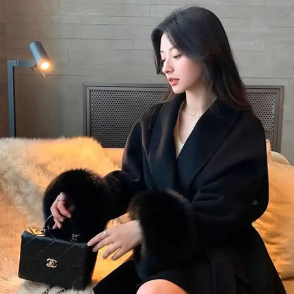 Elegant Lace Up Woolen Overcoat Women full sleeve design