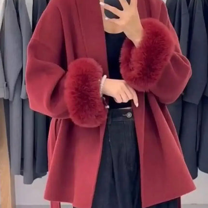 Elegant Lace Up Woolen Overcoat Women streetwear outfit