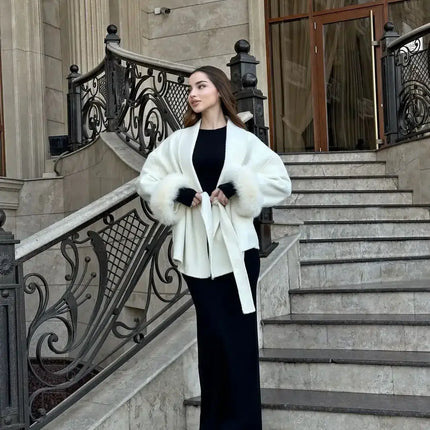 Elegant Lace Up Woolen Overcoat Women commute style look