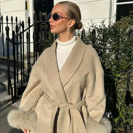 Elegant Lace Up Woolen Overcoat Women autumn fashion coat