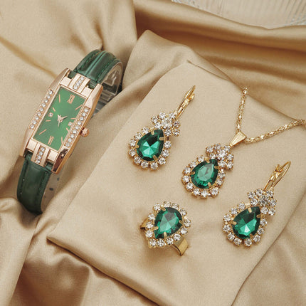 Elegant Leather Quartz Watch Jewelry Set for Women oval gemstone style