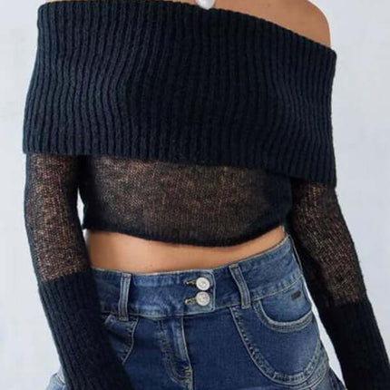 Off Shoulder Long Sleeve Knit Top Slim Stretch is a stylish black ribbed knit top worn with a denim skirt.