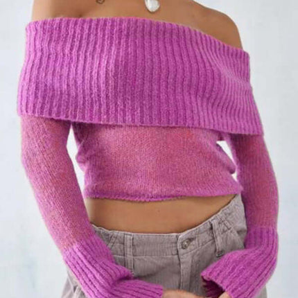 Off Shoulder Long Sleeve Knit Top Slim Stretch in pink with fitted off-shoulder design and cozy knit texture.