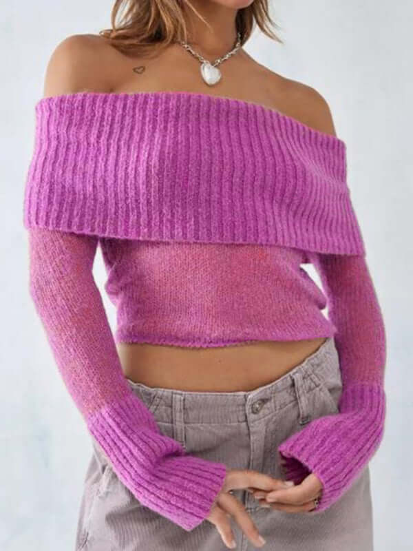 Off Shoulder Long Sleeve Knit Top Slim Stretch in pink with fitted off-shoulder design and cozy knit texture.