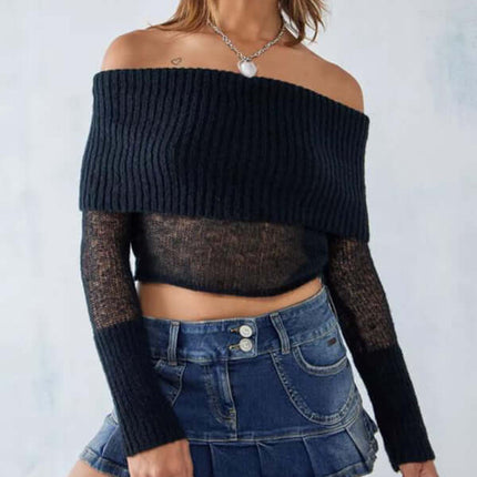Off Shoulder Long Sleeve Knit Top Slim Stretch styled with denim skirt, showcasing modern elegance and comfort.