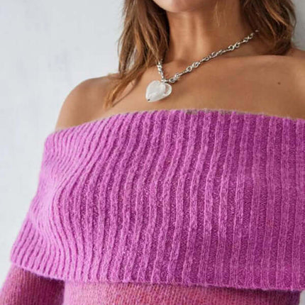 Off Shoulder Long Sleeve Knit Top Slim Stretch in vibrant pink showcasing off-shoulder design and a slim fit.