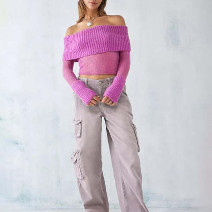 Off Shoulder Long Sleeve Knit Top Slim Stretch worn with casual pants for a stylish and trendy look.