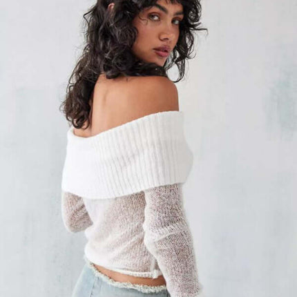 Off Shoulder Long Sleeve Knit Top Slim Stretch worn by a model, showcasing the off-shoulder design and slim-fit style.