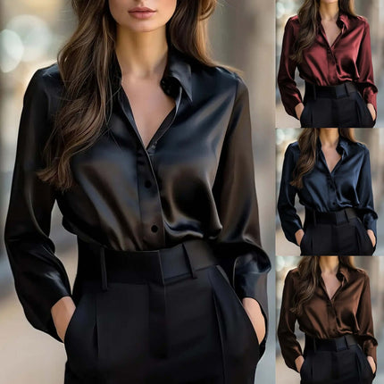 ​Elegant Satin Long Sleeve Blouse burgundy office shirt.