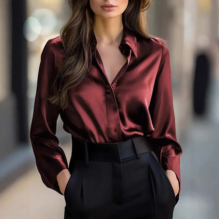 Elegant Satin Long Sleeve Blouse navy blue work wear.