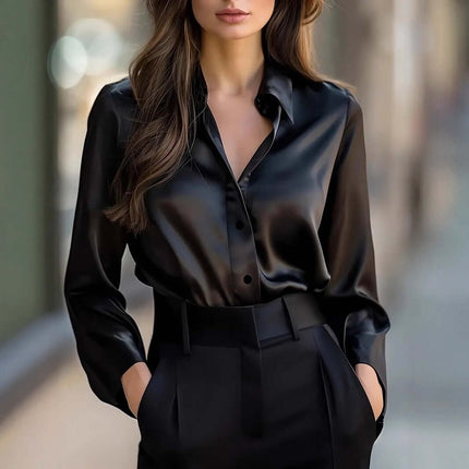 Elegant Satin Long Sleeve Blouse black formal top.