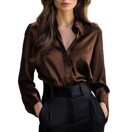 Elegant Satin Long Sleeve Blouse button up collar detail.
