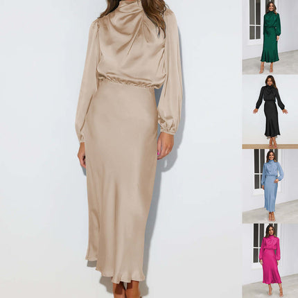 Elegant Satin Long-sleeved Halterneck Formal Evening Dress size chart S to XL.