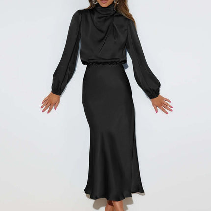 Elegant Satin Long-sleeved Halterneck Formal Evening Dress lantern sleeve design.