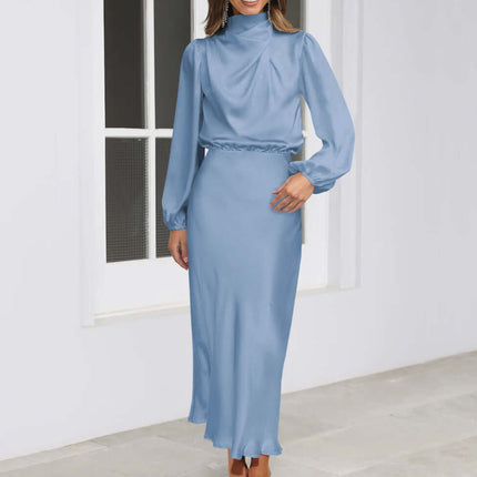 Elegant Satin Long-sleeved Halterneck Formal Evening Dress mid-length skirt.