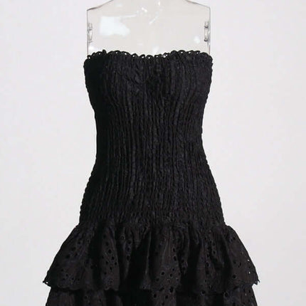 Elegant Strapless Embroidered Ruffle Hem Short Dress for Women back view