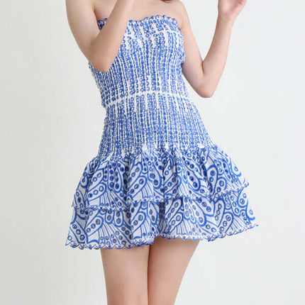 Elegant Strapless Embroidered Ruffle Hem Short Dress for Women boho detail
