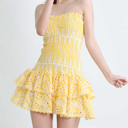 Elegant Strapless Embroidered Ruffle Hem Short Dress for Women embroidery texture