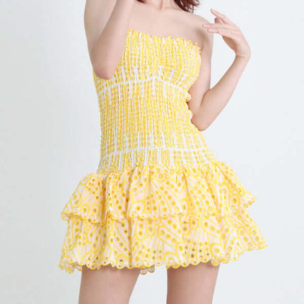 Elegant Strapless Embroidered Ruffle Hem Short Dress for Women embroidery detail