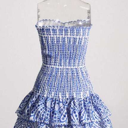 Elegant Strapless Embroidered Ruffle Hem Short Dress for Women fabric closeup