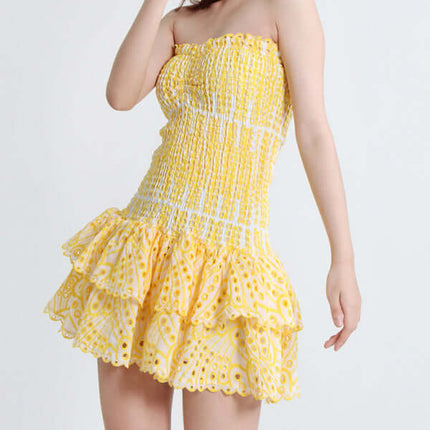 Elegant Strapless Embroidered Ruffle Hem Short Dress for Women feminine design