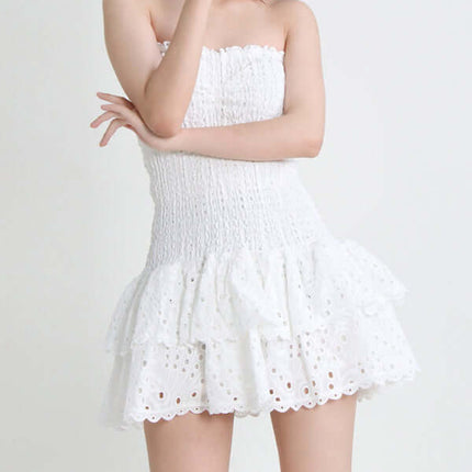 Elegant Strapless Embroidered Ruffle Hem Short Dress for Women front view