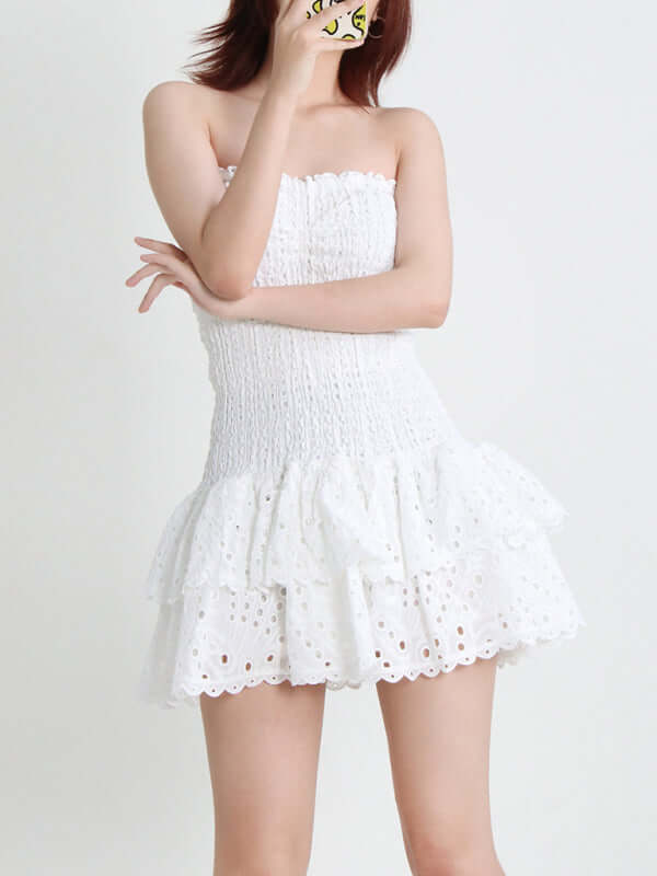 Elegant Strapless Embroidered Ruffle Hem Short Dress for Women front view