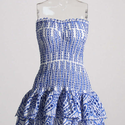 Elegant Strapless Embroidered Ruffle Hem Short Dress for Women full body