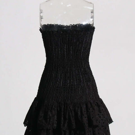 Elegant Strapless Embroidered Ruffle Hem Short Dress for Women model photo