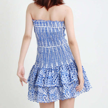 Elegant Strapless Embroidered Ruffle Hem Short Dress for Women outdoor photo